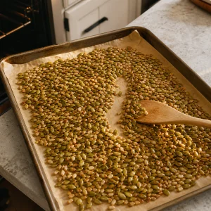 Toasted pumpkin and sunflower seeds being stirred on a parchment-lined baking sheet