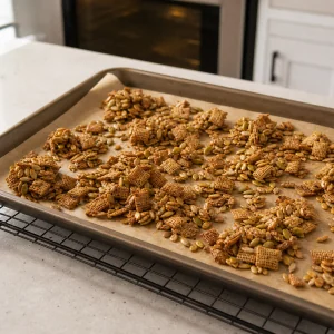 Toasted seed and cereal clusters cooling on a rack