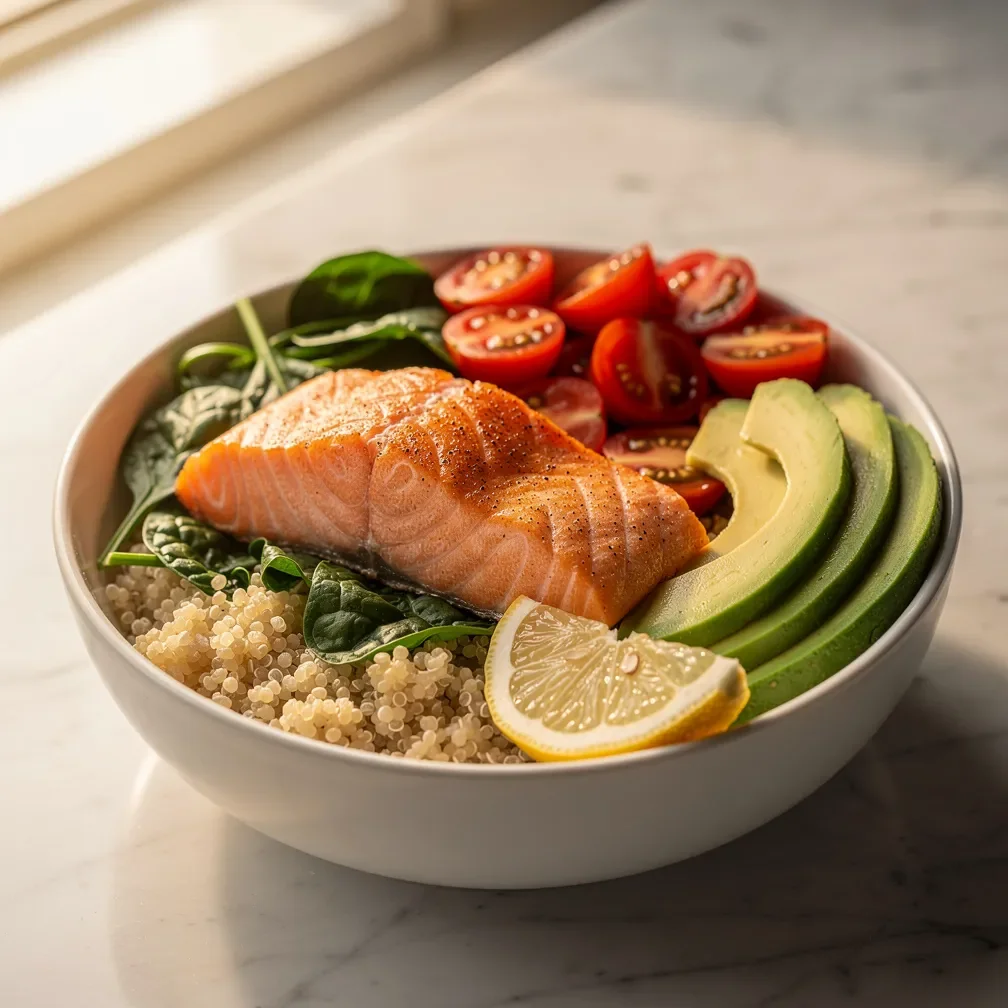 A healthy bowl featuring seared salmon, quinoa, spinach, and avocado