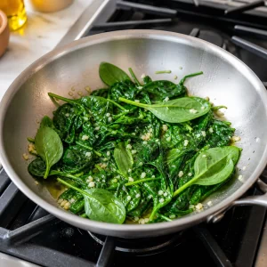 Baby spinach wilting with minced garlic in a skillet