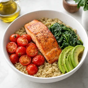 Quinoa bowl assembled with spinach cherry tomatoes avocado and seared salmon
