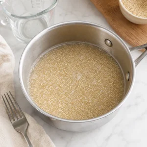 Quinoa simmering in a small pot until the water is absorbed