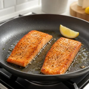 Seasoned salmon fillets searing in a skillet with olive oil