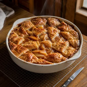 Deep-golden baked apple pandowdy on a wire rack