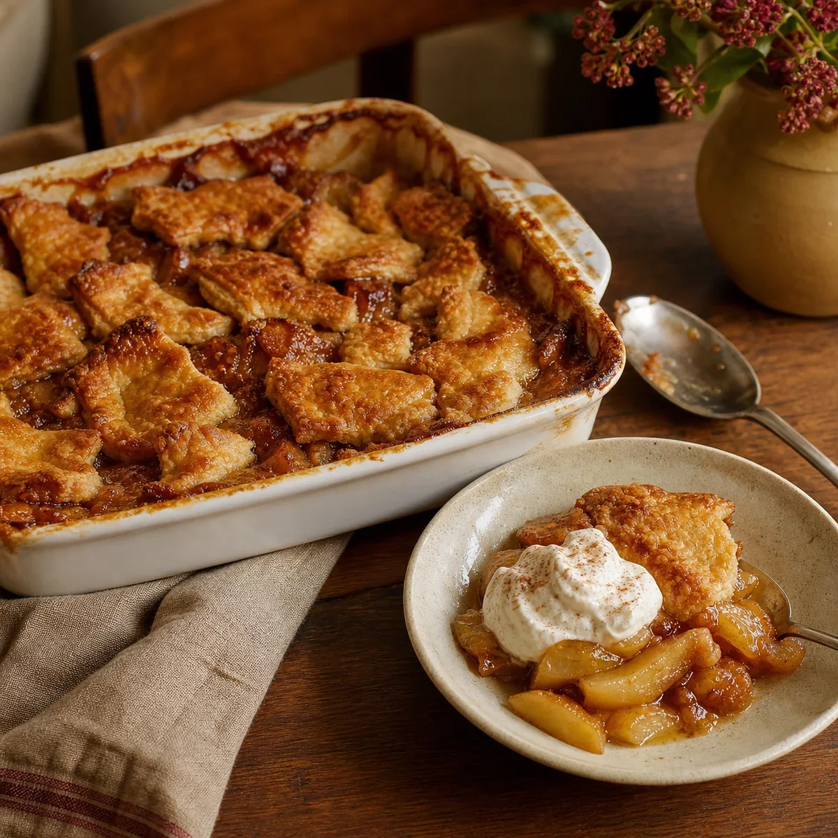 Finished apple pandowdy with cinnamon cream