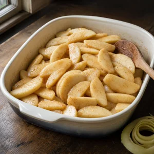 Peeled apple slices coated with sugar and spices