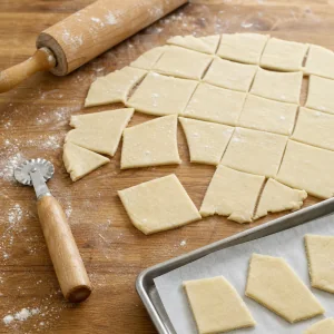 Raw pastry cut into irregular squares and diamonds