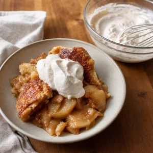 Warm apple pandowdy served with cinnamon cream