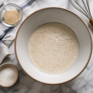 Foamy yeast mixture in warm milk in a mixing bowl
