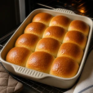 Golden baked dinner rolls in a rectangular baking dish