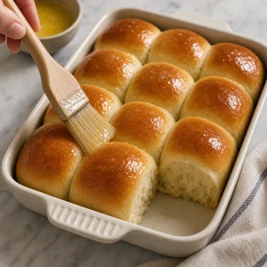 Hot golden dinner rolls being brushed with butter
