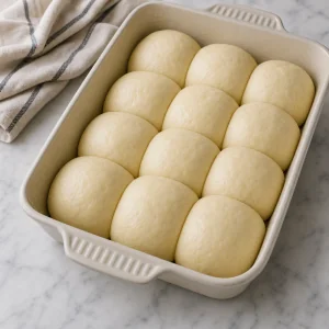 Puffy unbaked roll dough balls in a buttered baking dish