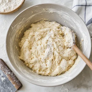 Shaggy bread dough with flour streaks in a mixing bowl