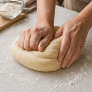 Smooth bread dough being kneaded on a floured counter