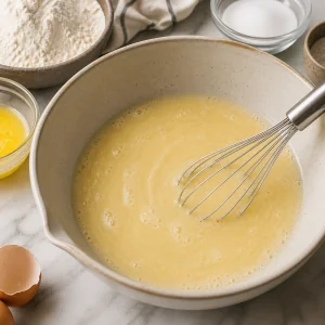 Smooth milk, butter, sugar, and egg mixture with a whisk
