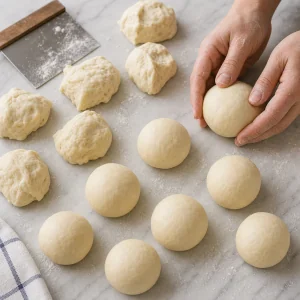 Twelve portions of dough being shaped into smooth balls