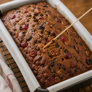Baked fruitcake checked with a skewer for moist crumbs