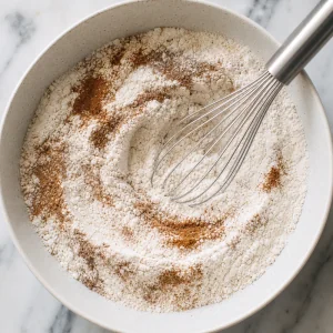 Dry flour and spice mixture whisked in a bowl