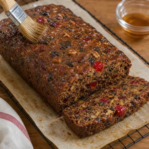 Finished fruitcake brushed on top and cooling on a rack