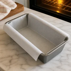 Loaf pan lined with parchment paper