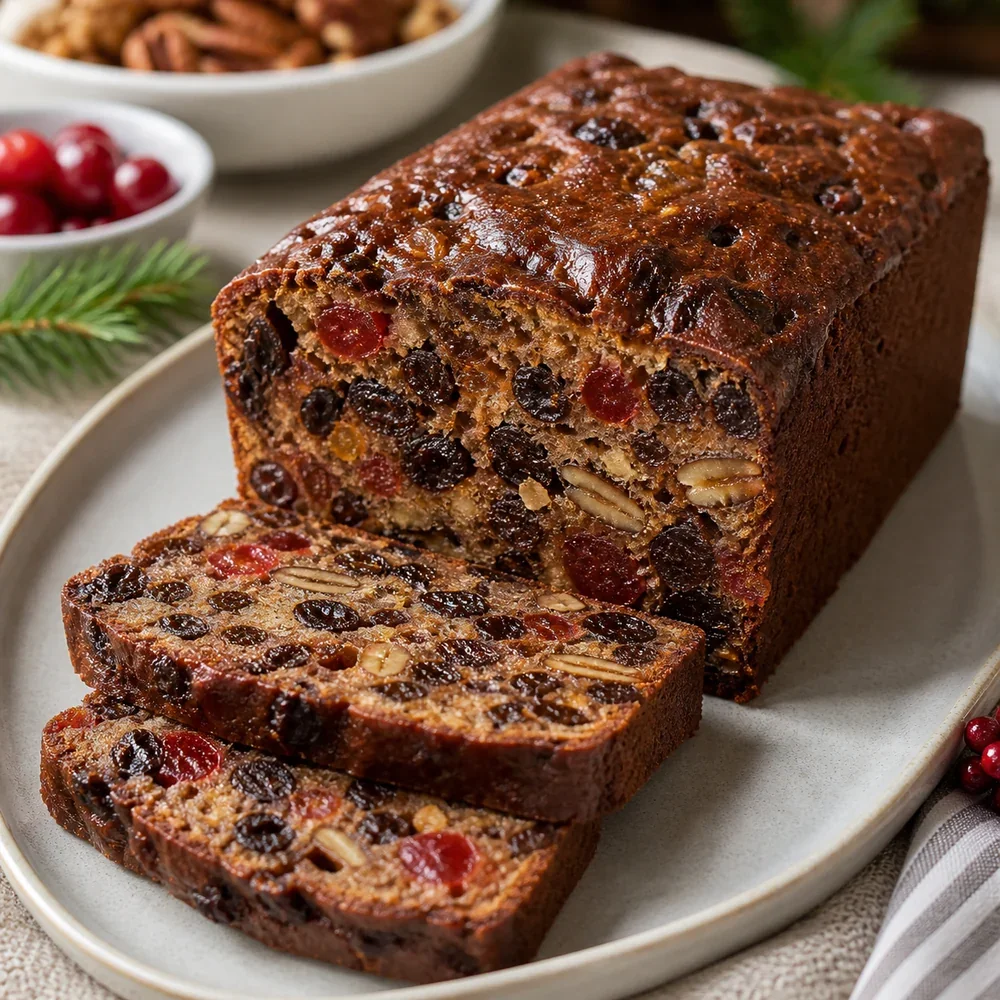 Sliced old-fashioned fruitcake loaf with dried fruit and nuts