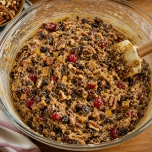 Thick fruitcake batter packed with soaked fruit and nuts