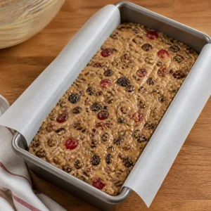 Unbaked fruitcake batter smoothed in a parchment-lined loaf pan
