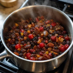 Warm steaming fruit mixture in a saucepan