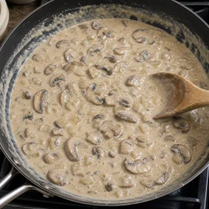 Creamy mushroom sauce thickening in a skillet