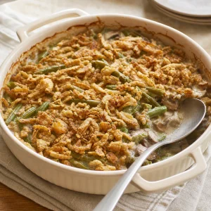 Finished green bean casserole with crisp fried onions