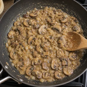 Flour stirred into mushrooms and onion