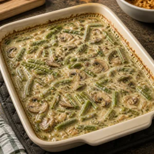 Green bean casserole bubbling before the final topping