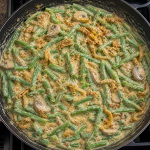 Green beans folded into creamy mushroom sauce