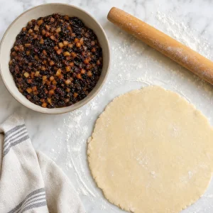Cooked mincemeat filling cooling beside rolled pie dough