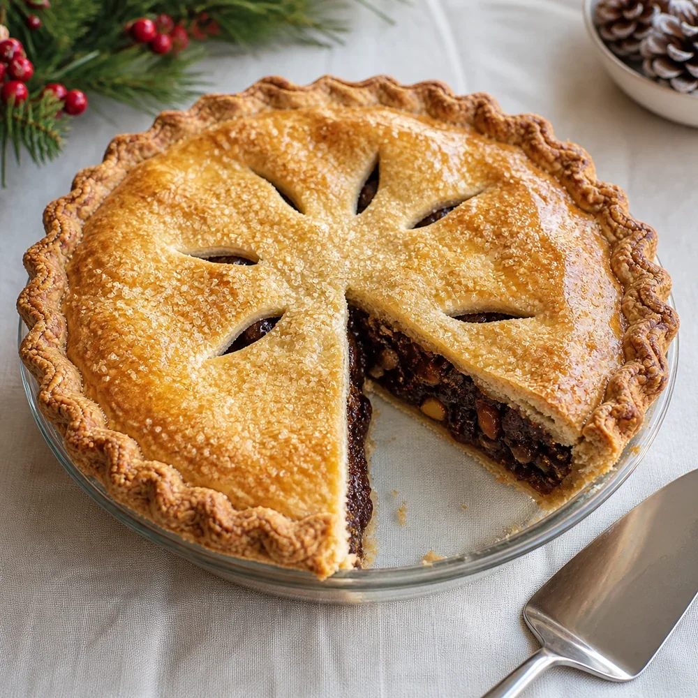 Golden mincemeat pie with a slice removed