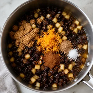 Mincemeat filling ingredients combined in a saucepan