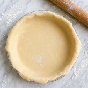 Pie dough fitted into a glass pie plate
