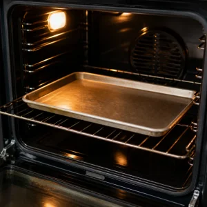 Rimmed baking sheet preheating on an oven rack