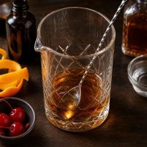 Ingredientes ambar do mocktail num copo de mistura