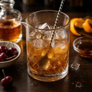 Mocktail ambar mexido com gelo no copo de mistura