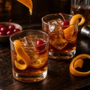 Mocktails old fashioned com casca de laranja e cerejas