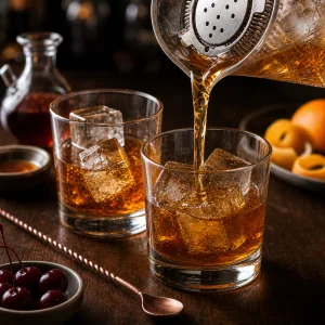 Mocktail ambar coado sobre cubos grandes de gelo