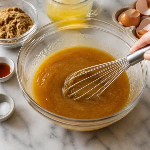 Amber pecan pie filling being whisked smooth in a large bowl.