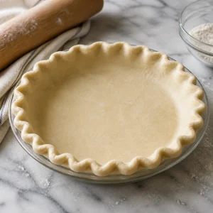 An unbaked pie crust fitted into a pie plate with a neatly crimped edge.