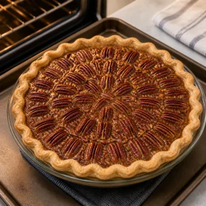 Freshly baked whole pecan pie with set edges and a glossy center.