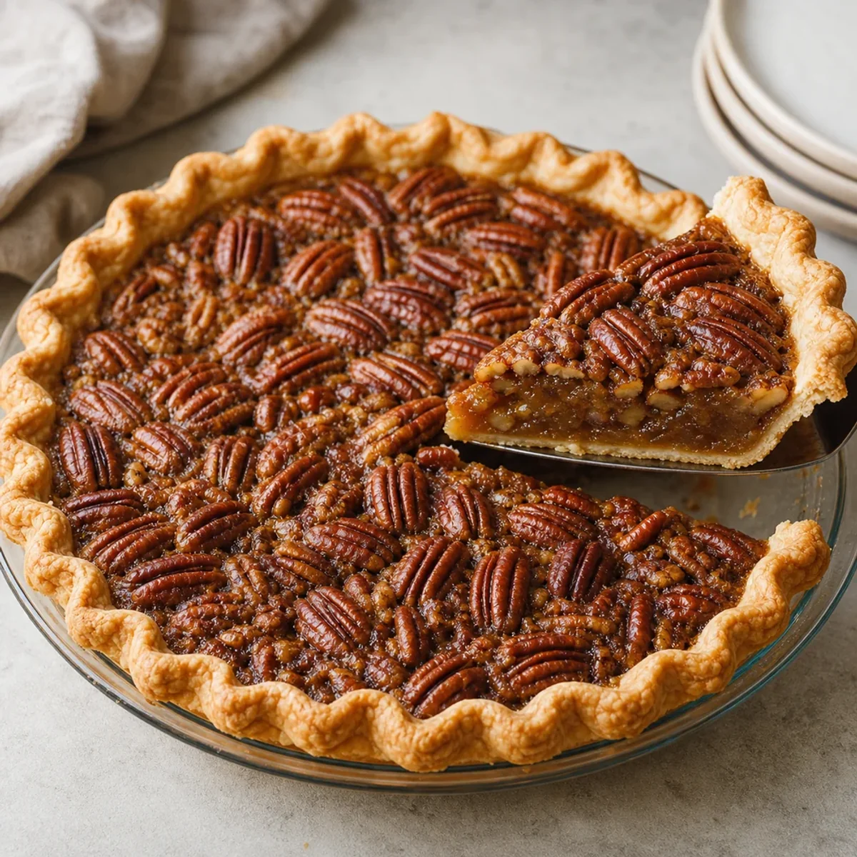 Old-fashioned pecan pie with a flaky crust, glossy pecan topping, and one clean slice removed.