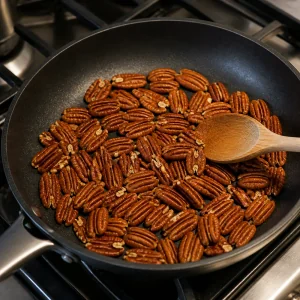 Pecan halves toasting in a dry skillet with a wooden spoon.
