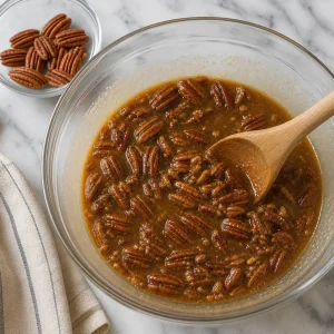 Toasted pecans stirred into glossy pecan pie filling with extra halves reserved nearby.
