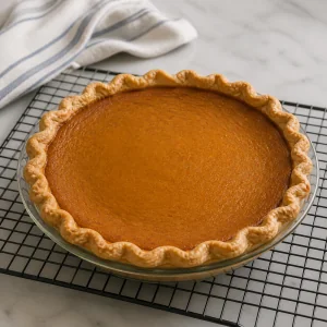 Baked pumpkin pie cooling on a wire rack so the custard can finish setting.