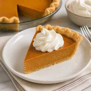 Clean slice of cooled pumpkin pie served with whipped cream on a dessert plate.